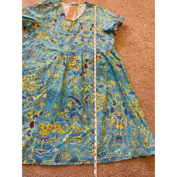 NWT Tendency Dress Size Large Short Sleeve Floral Geometric Blue Yellow V Neck - Picture 9 of 10
